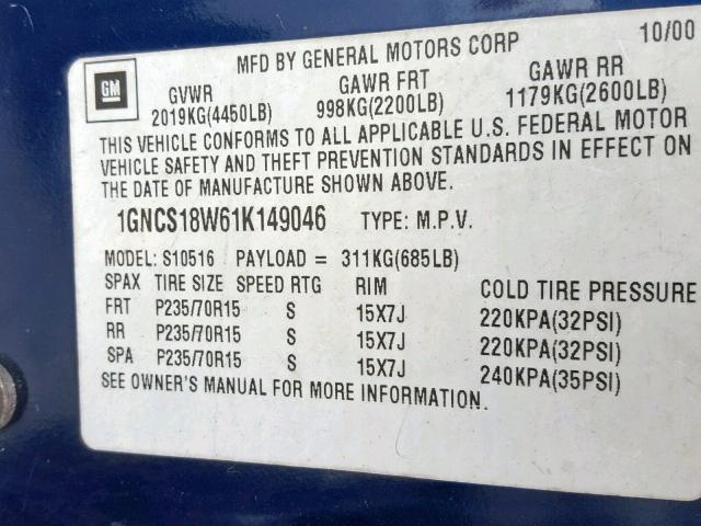 1GNCS18W61K149046 - 2001 CHEVROLET BLAZER BLUE photo 10