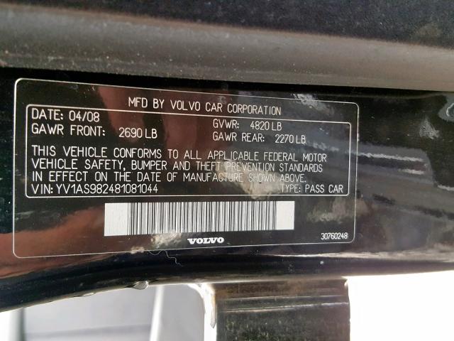 YV1AS982481081044 - 2008 VOLVO S80 3.2 BLACK photo 10