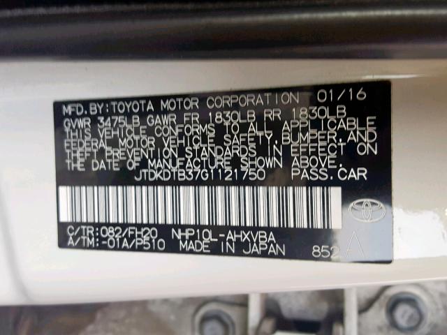 JTDKDTB37G1121750 - 2016 TOYOTA PRIUS C WHITE photo 10