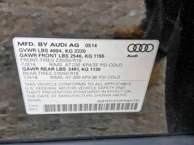 WA1EFCFS3FR001141 - 2015 AUDI Q3 PREMIUM BLACK photo 10