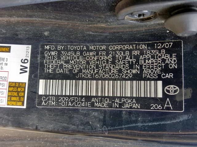 JTKDE167080257429 - 2008 TOYOTA SCION BLACK photo 10