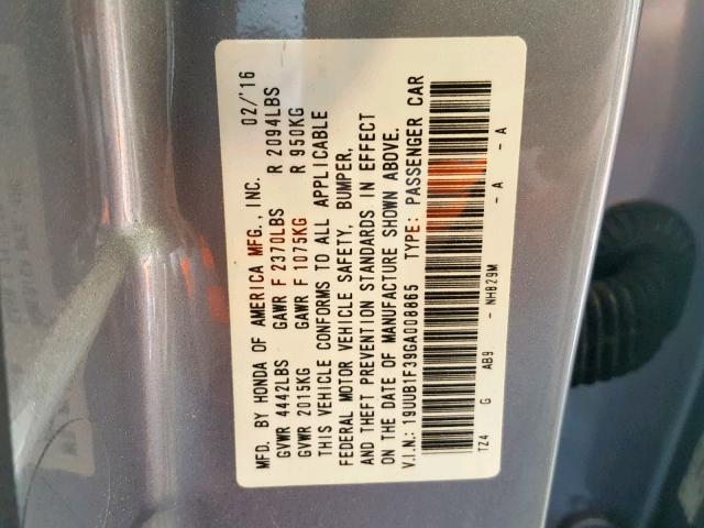 19UUB1F39GA008865 - 2016 ACURA TLX SILVER photo 10