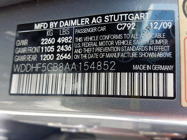 WDDHF5GB8AA154852 - 2010 MERCEDES-BENZ E 350 SILVER photo 10