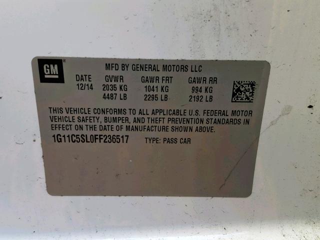 1G11C5SL0FF236517 - 2015 CHEVROLET MALIBU 1LT 白色 照片 10