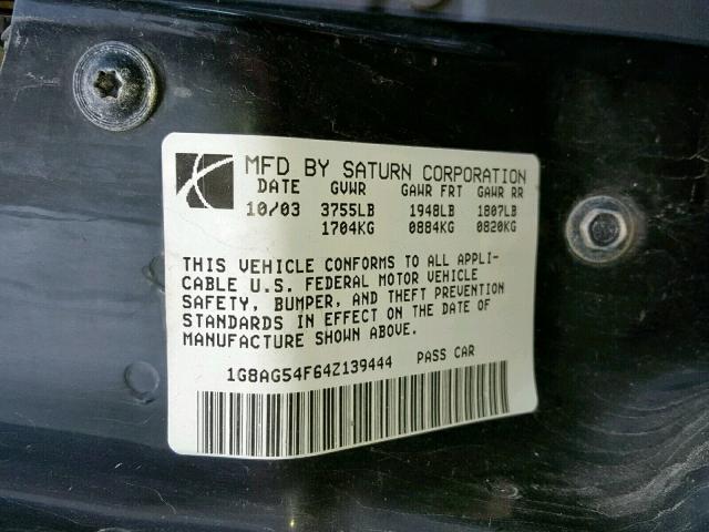 1G8AG54F64Z139444 - 2004 SATURN ION LEVEL BLACK photo 10