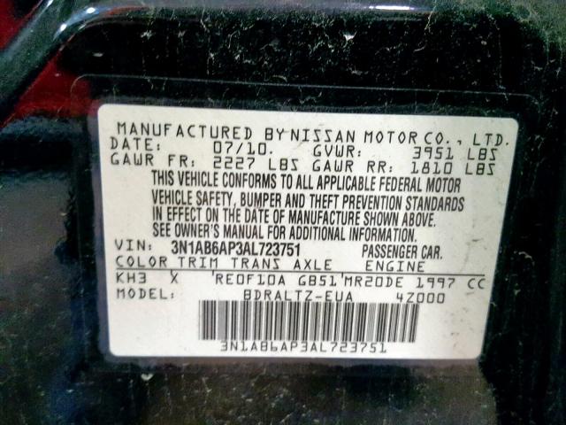 3N1AB6AP3AL723751 - 2010 NISSAN SENTRA 2.0 BLACK photo 10