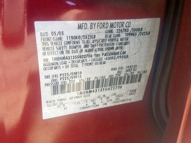 1MEHM43135G622706 - 2005 MERCURY MONTEGO PR RED photo 10