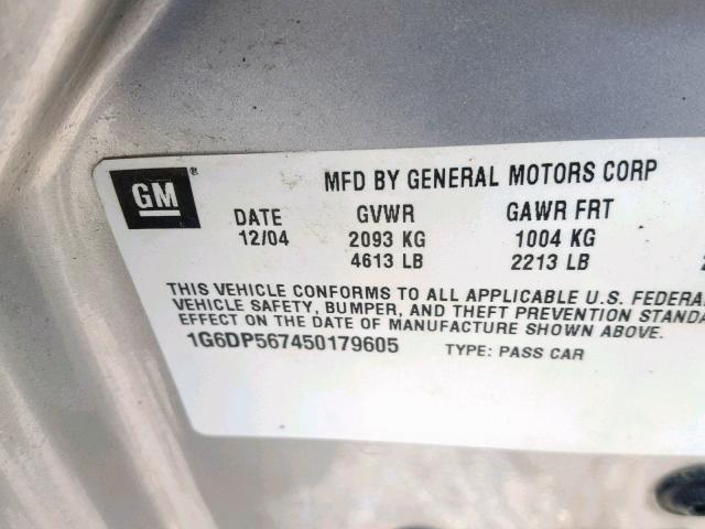 1G6DP567450179605 - 2005 CADILLAC CTS HI FEA SILVER photo 10