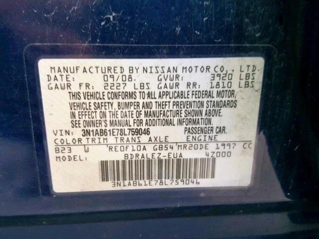 3N1AB61E78L759046 - 2008 NISSAN SENTRA 2.0 BLUE photo 10