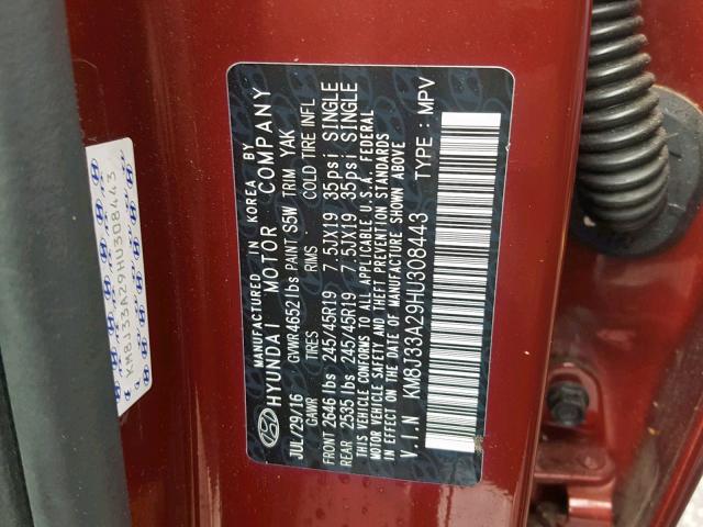 KM8J33A29HU308443 - 2017 HYUNDAI TUCSON LIM RED photo 10