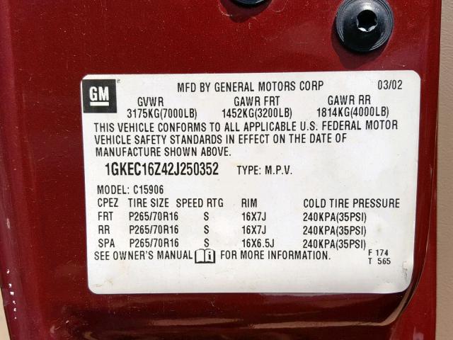 1GKEC16Z42J250352 - 2002 GMC YUKON XL C RED photo 10