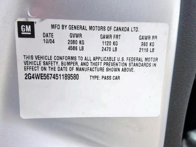 2G4WE567451189580 - 2005 BUICK LACROSSE C SILVER photo 10