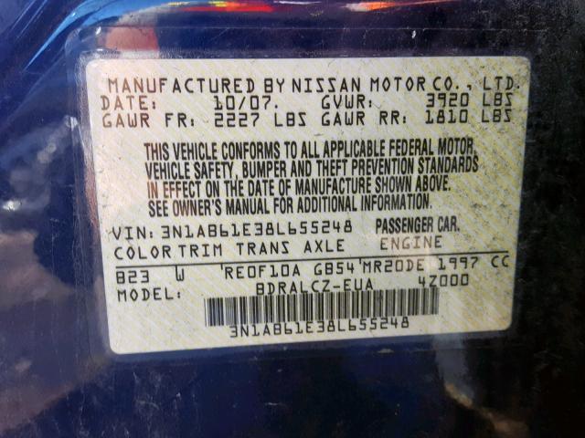 3N1AB61E38L655248 - 2008 NISSAN SENTRA 2.0 BLUE photo 10