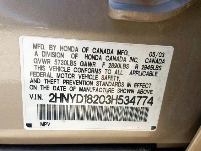 2HNYD18203H534774 - 2003 ACURA MDX TAN photo 10