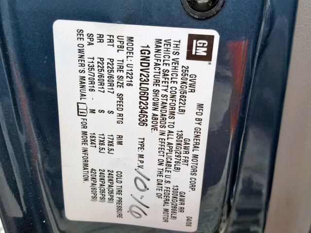 1GNDV23L06D234636 - 2006 CHEVROLET UPLANDER L 绿色 照片 10