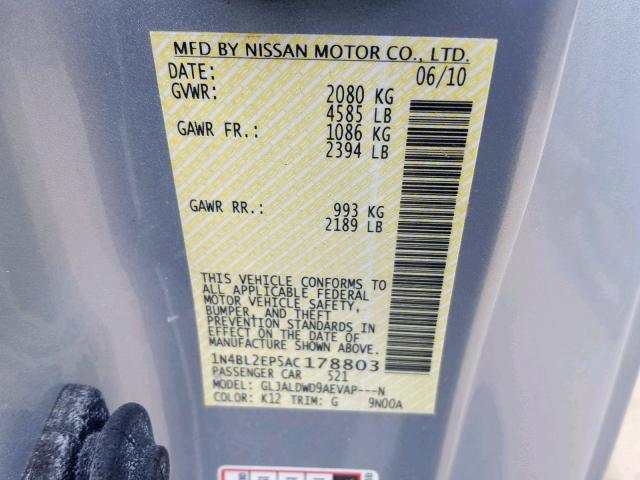 1N4BL2EP5AC178803 - 2010 NISSAN ALTIMA SR SILVER photo 10