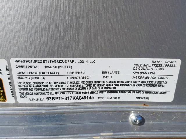 53BPTE817KA049145 - 2019 FABR TRAILER SILVER photo 10