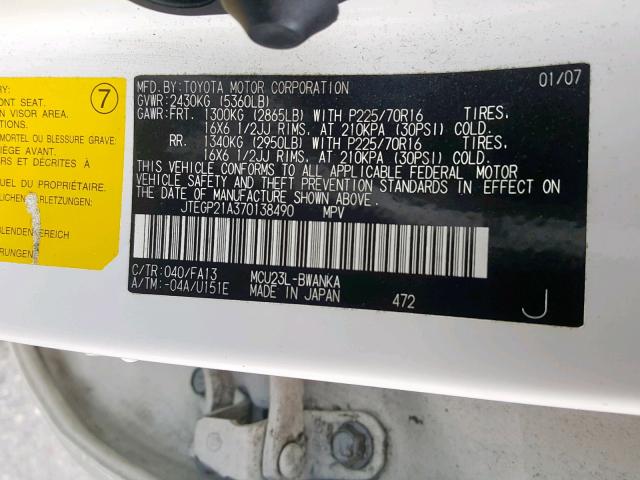 JTEGP21A370138490 - 2007 TOYOTA HIGHLANDER WHITE photo 10