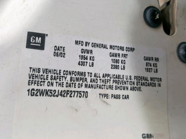 1G2WK52J42F277570 - 2002 PONTIAC GRAND PRIX WHITE photo 10