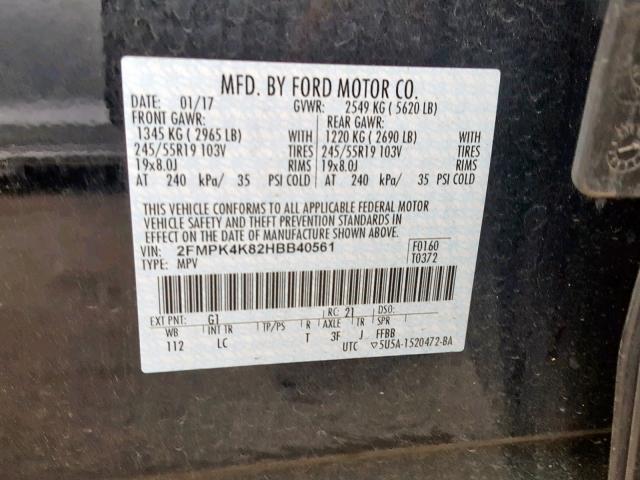 2FMPK4K82HBB40561 - 2017 FORD EDGE TITAN BLACK photo 10