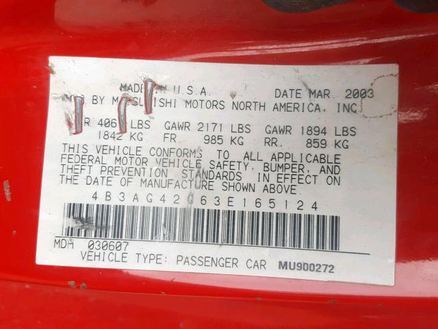 4B3AG42G63E165124 - 2003 DODGE STRATUS SE RED photo 10