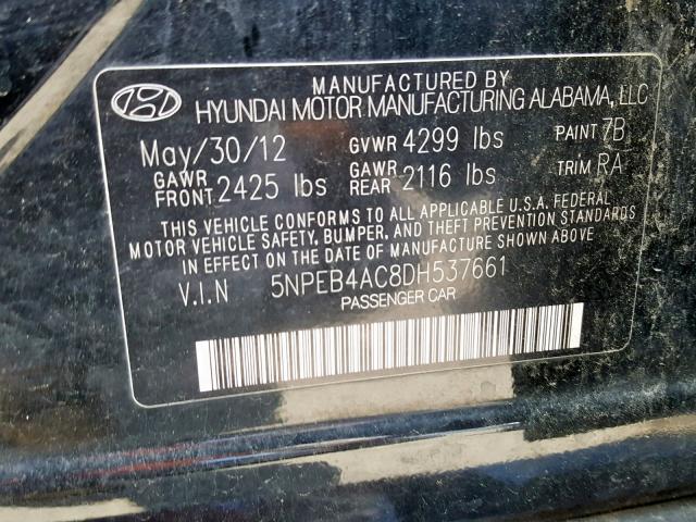 5NPEB4AC8DH537661 - 2013 HYUNDAI SONATA GLS BLACK photo 10