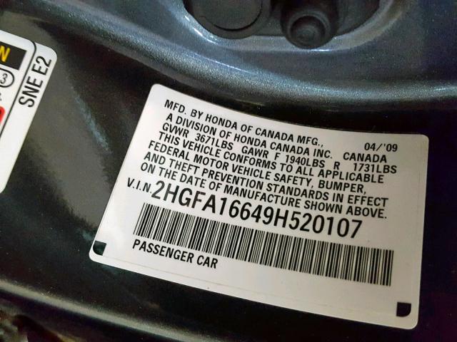 2HGFA16649H520107 - 2009 HONDA CIVIC LX-S Boz foto 10