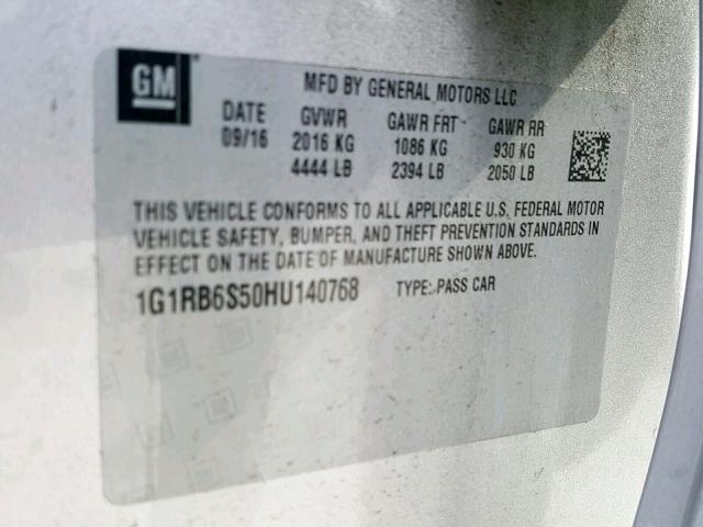 1G1RB6S50HU140768 - 2017 CHEVROLET VOLT PREMI SILVER photo 10