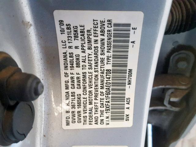 19XFA1F60AE014708 - 2010 HONDA CIVIC LX-S SILVER photo 10