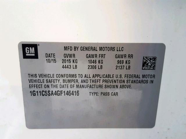 1G11C5SA4GF146416 - 2016 CHEVROLET MALIBU LIM WHITE photo 10