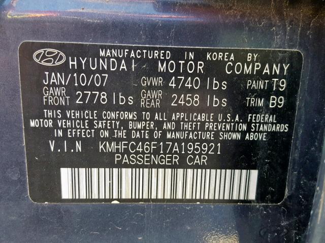 KMHFC46F17A195921 - 2007 HYUNDAI AZERA SE BLUE photo 10