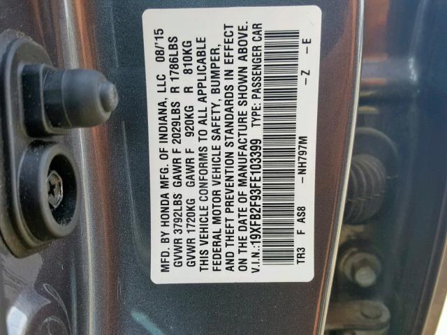 19XFB2F93FE103399 - 2015 HONDA CIVIC EXL GRAY photo 10