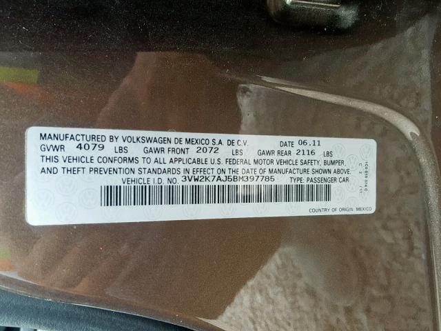 3VW2K7AJ5BM397785 - 2011 VOLKSWAGEN JETTA BASE BROWN photo 10