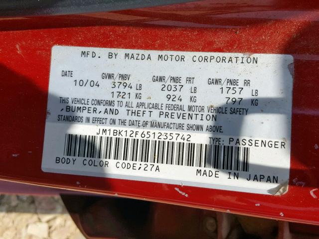 JM1BK12F651235742 - 2005 MAZDA 3 I RED photo 10