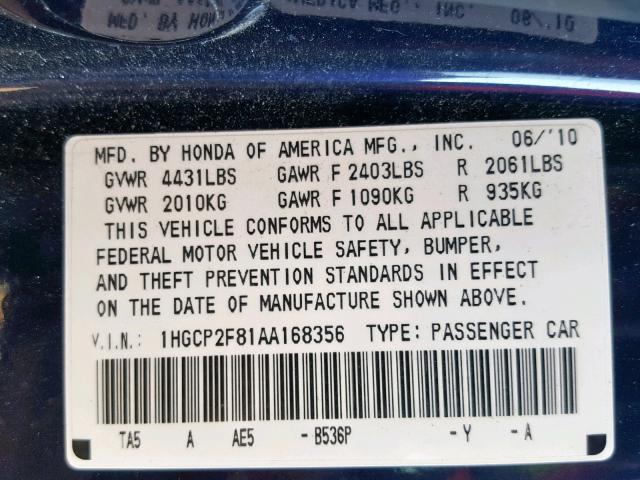 1HGCP2F81AA168356 - 2010 HONDA ACCORD EXL BLUE photo 10