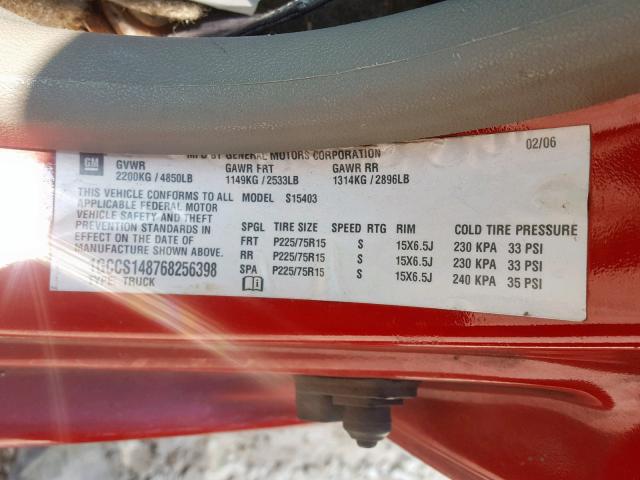 1GCCS148768256398 - 2006 CHEVROLET COLORADO RED photo 10