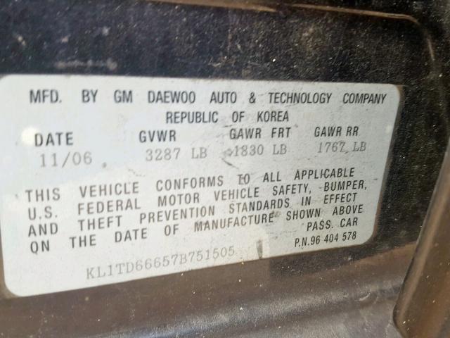KL1TD66657B751505 - 2007 CHEVROLET AVEO BASE Қара фото 10