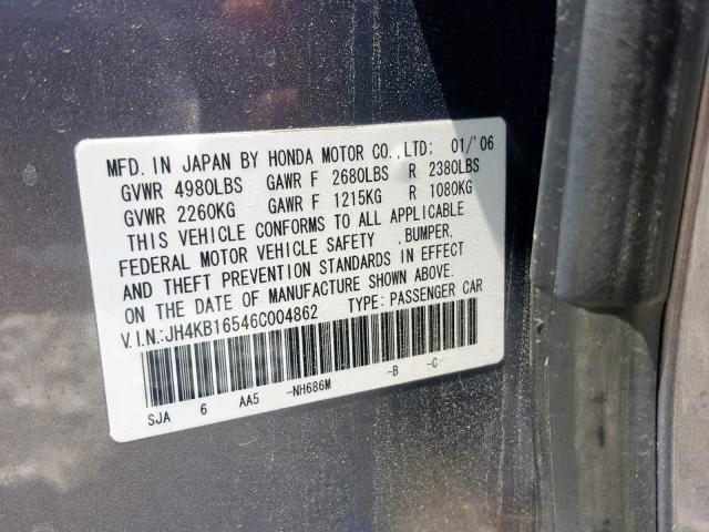 JH4KB16546C004862 - 2006 ACURA RL GRAY photo 10