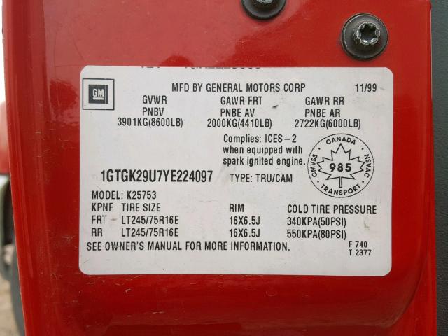 1GTGK29U7YE224097 - 2000 GMC NEW SIERRA RED photo 10