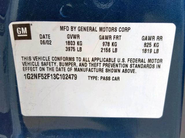 1G2NF52F13C102479 - 2003 PONTIAC GRAND AM S BLUE photo 10