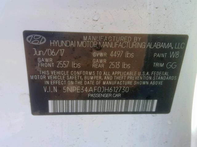 5NPE34AF0JH612730 - 2018 HYUNDAI SONATA SPO WHITE photo 10