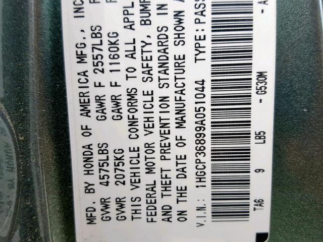 1HGCP36899A051044 - 2009 HONDA ACCORD EXL GREEN photo 10