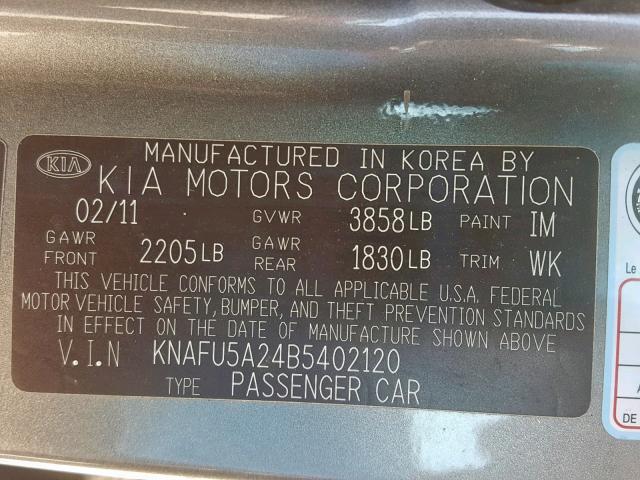 KNAFU5A24B5402120 - 2011 KIA FORTE EX GRAY photo 10