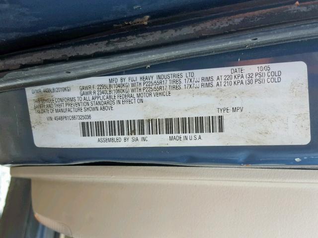 4S4BP61C667325036 - 2006 SUBARU LEGACY OUT BLUE photo 10