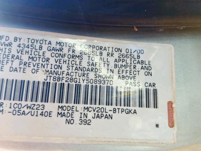 JT8BF28G1Y5089370 - 2000 LEXUS ES 300 SILVER photo 10