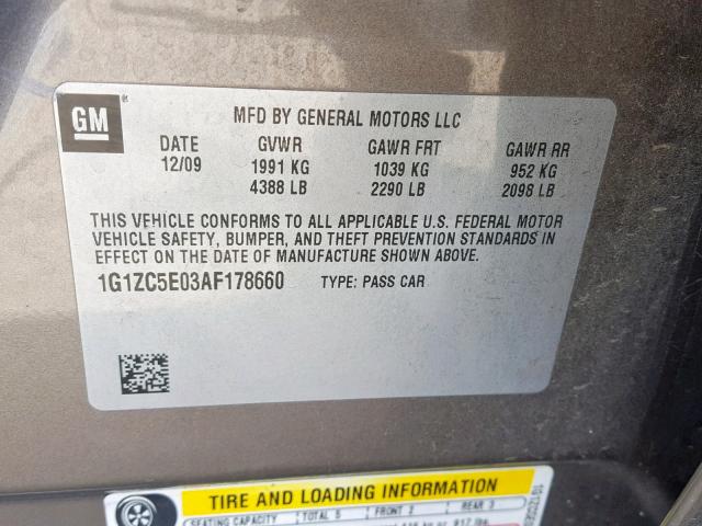 1G1ZC5E03AF178660 - 2010 CHEVROLET MALIBU 1LT ნაცრისფერი ფოტო 10