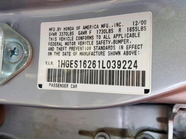 1HGES16261L039224 - 2001 HONDA CIVIC DX SILVER photo 10