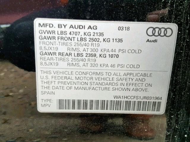 WA1HCCFS1JR031964 - 2018 AUDI Q3 PREMIUM BLACK photo 10