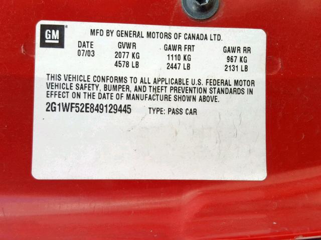 2G1WF52E849129445 - 2004 CHEVROLET IMPALA RED photo 10