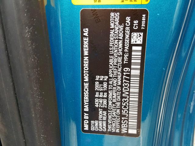 WBS1J5C53JVD37719 - 2018 BMW M2 BLUE photo 10